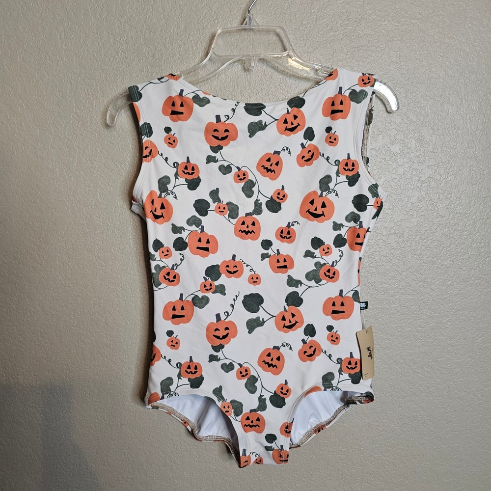 NWT Luckyleo Pumpkin Jack-O-Lantern Ballet Dance Leotard Low Back Womens Large - Picture 2 of 9